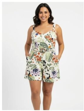 HOUSE OF HARLOW 1960 Women's Linen Blend Romper Belted Floral Tropical Print